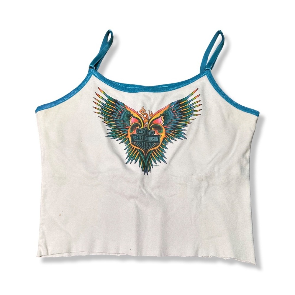 Harley-Davidson Cami Tank Women Large White Excellent Winged Graphic Y2K Flames